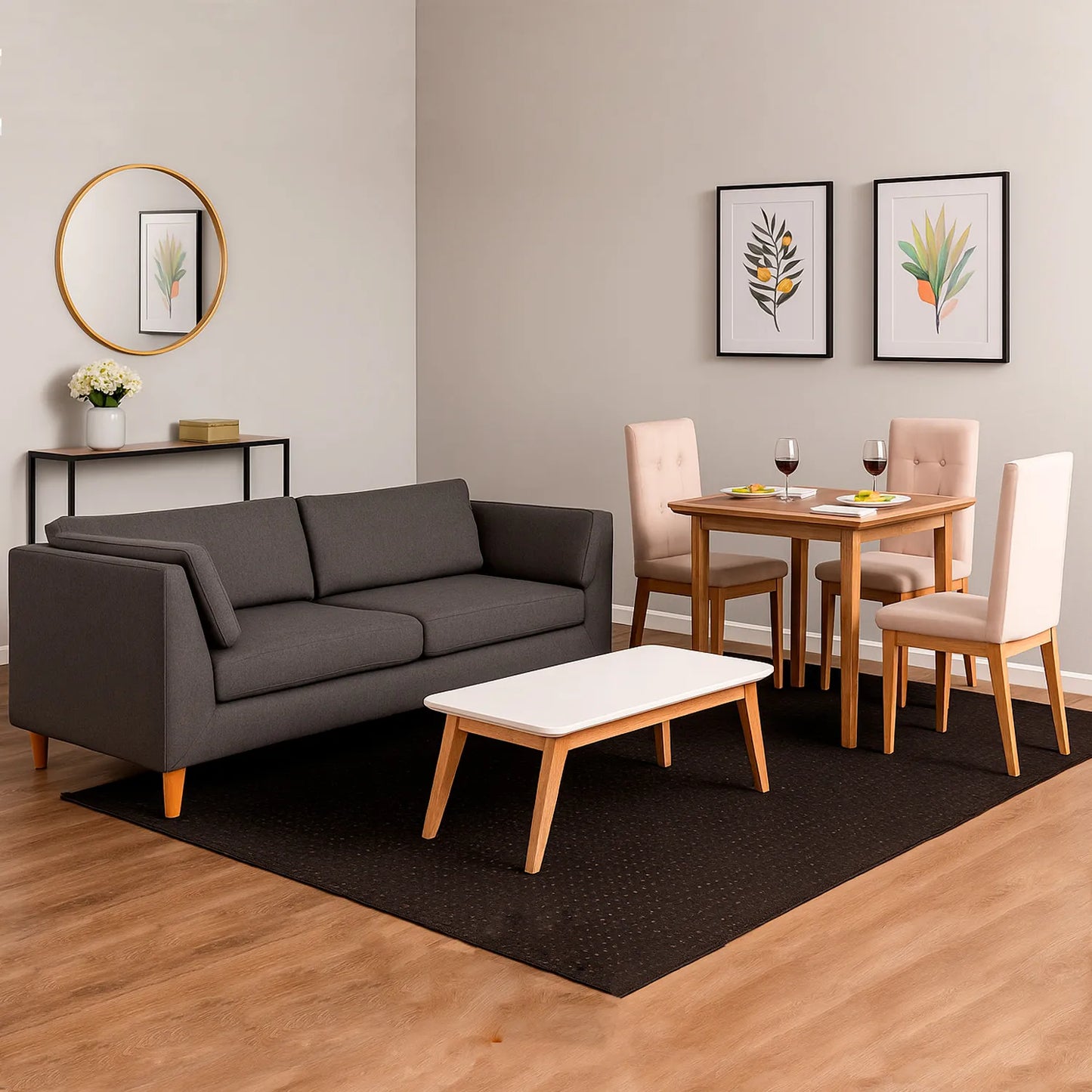 Sofá 3 puestos en tela gris con patas en madera color natural, ubicado en sala moderna con mesa auxiliar en madera maciza y tapa blanca, ambientado con comedor de madera en tono natural y sillas tapizadas color beige. Ideal para hogares colombianos que buscan confort y estilo moderno - All Star muebles