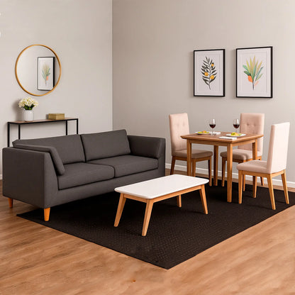Sofá 3 puestos en tela gris con patas en madera color natural, ubicado en sala moderna con mesa auxiliar en madera maciza y tapa blanca, ambientado con comedor de madera en tono natural y sillas tapizadas color beige. Ideal para hogares colombianos que buscan confort y estilo moderno - All Star muebles