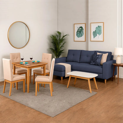 Sofá esquinero derecho de 3 puestos en tela azul, con patas en madera natural, ubicado en sala moderna, ambientado con comedor de madera. Ideal para hogares colombianos que buscan confort y estilo moderno - All Star muebles
