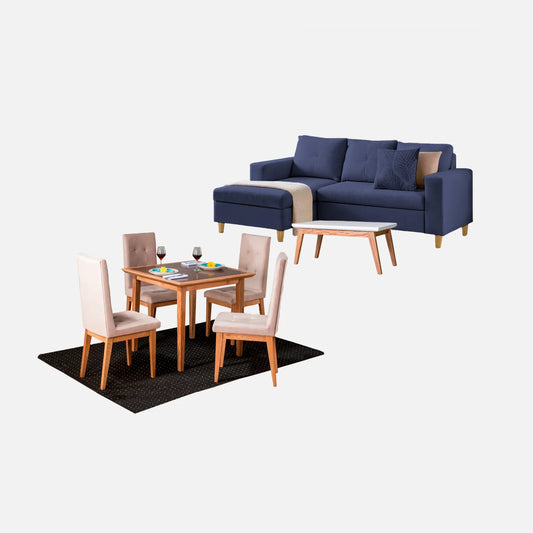 Juego de sala Verano: Sala en L Der, Comedor 4 Pts y Mesa Aux