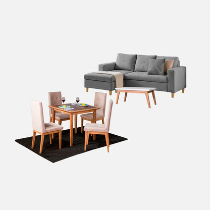 Juego de sala Verano sofá esquinero derecho 3 puestos visto en perspectiva en tela gris con patas de madera clara y comedor en madera tono natural y sillas tapizadas beige, con mesa auxiliar en madera maciza y tapa blanca, ideal para familias colombianas - All Star Muebles