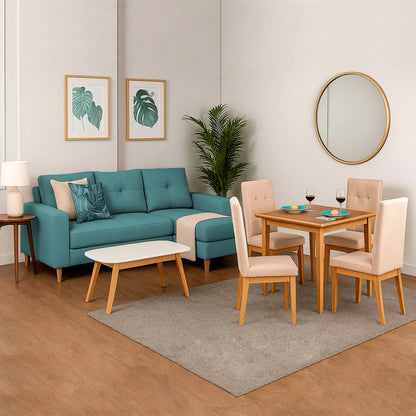 Sofá esquinero izquierdo de 3 puestos en tela turquesa, con patas en madera natural, ubicado en sala moderna, ambientado con comedor de madera. Ideal para hogares colombianos que buscan confort y estilo moderno - All Star muebles