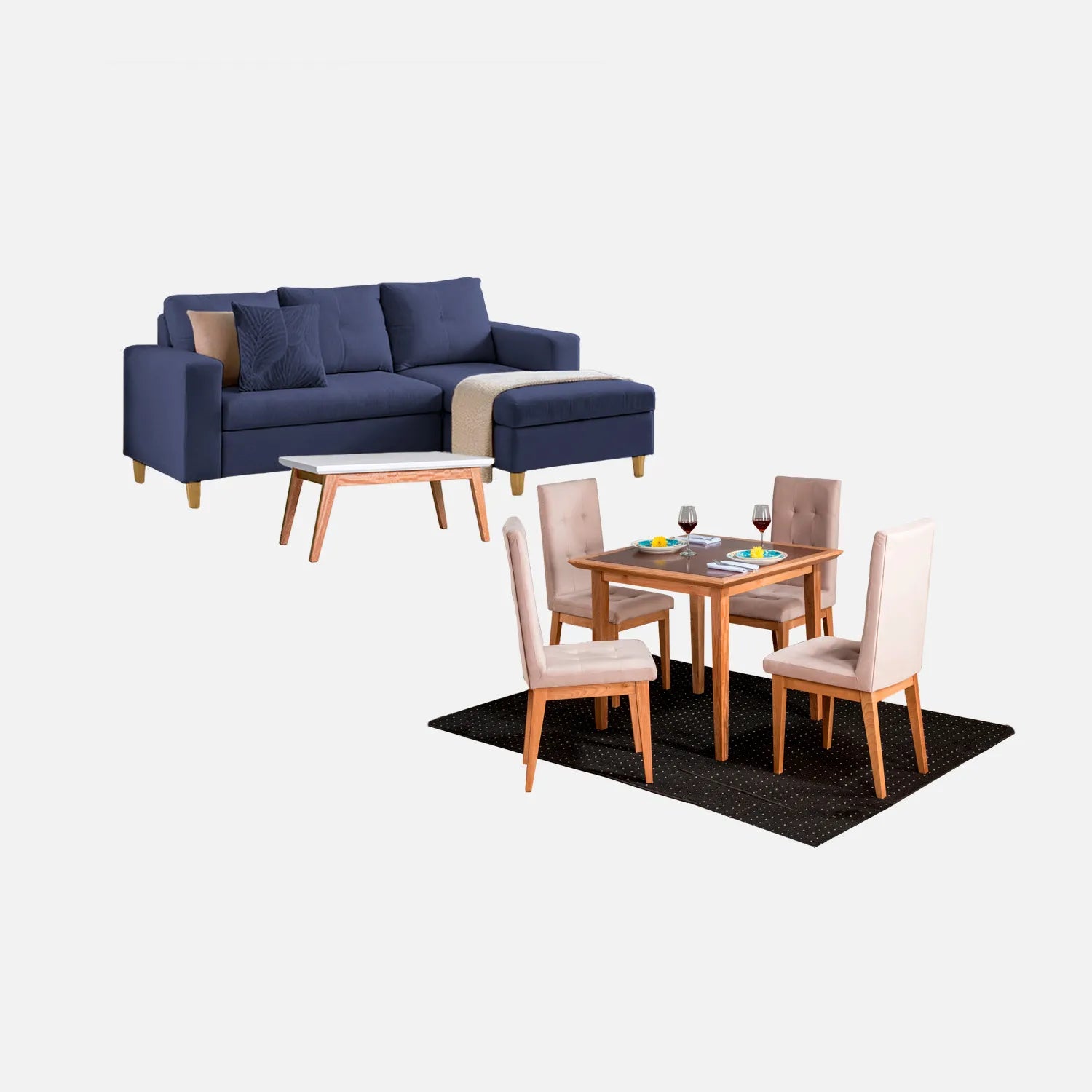 Juego de sala Verano sofá esquinero izquierdo 3 puestos visto en perspectiva en tela azul con patas de madera clara y comedor en madera tono natural y sillas tapizadas beige, con mesa auxiliar en madera maciza y tapa blanca, ideal para familias colombianas - All Star Muebles