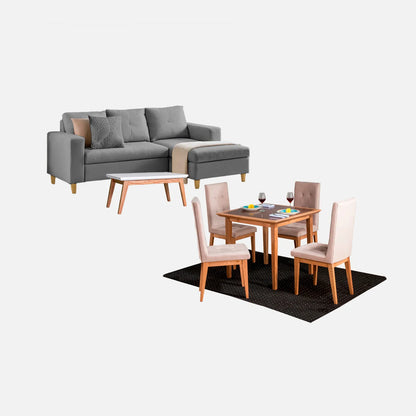 Juego de sala Verano sofá esquinero izquierdo 3 puestos visto en perspectiva en tela gris con patas de madera clara y comedor en madera tono natural y sillas tapizadas beige, con mesa auxiliar en madera maciza y tapa blanca, ideal para familias colombianas - All Star Muebles