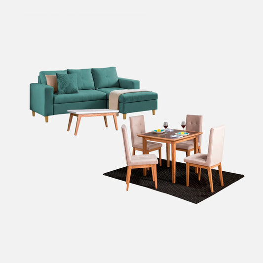 Juego de sala Verano: Sala en L Izq, Comedor 4 Pts y Mesa Aux