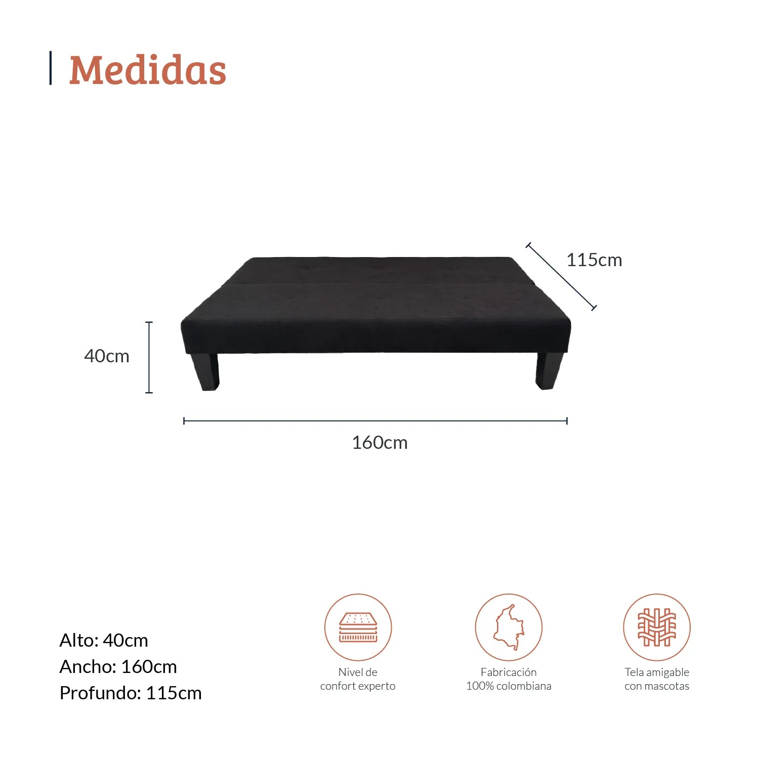 Diagrama con medidas de sofá cama abatible dos puestos en tela negra, ideal para espacios reducidos, alto 40 ancho 160 y profundo 115 centímetros - All Star muebles Colombia