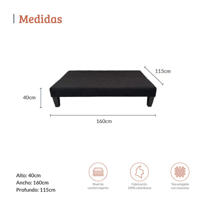 Diagrama con medidas de sofá cama abatible dos puestos en tela negra, ideal para espacios reducidos, alto 40 ancho 160 y profundo 115 centímetros - All Star muebles Colombia