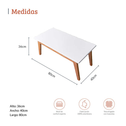 Diagrama con medidas de mesa auxiliar Tanner en madera maciza con tapa color blanco, ideal para complemento de mobiliario, alto 36cm ancho 40cm profundo 80cm, nivel de confort experto, fabricación 100% colombiana y tela amigable con mascotas - All Star muebles Colombia