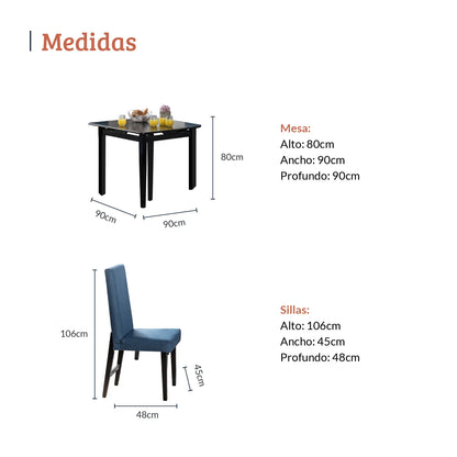 Diagrama con medidas de juego de comedor cuatro puestos, mesa en madera maciza en tono negro, sillas en tela azul, mesa 80 alto 90 ancho 90 profundo, sillas 106 alto 45 ancho 48 profundo - All Star muebles Colombia