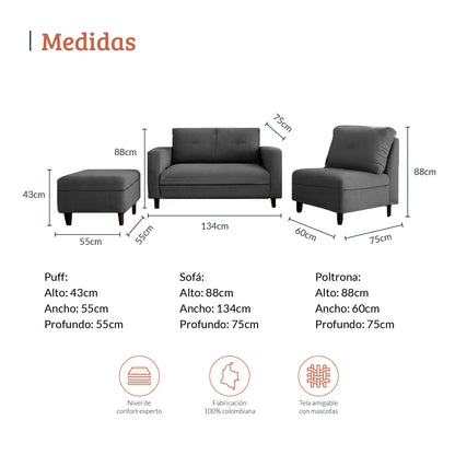 Imagen técnica de medidas del set multifuncional en tela gris que incluye puff, sofá y poltrona. Puff: 43 cm de alto, 55 cm de ancho y profundidad; Sofá: 88 cm de alto, 134 cm de ancho, 75 cm de profundidad; Poltrona: 88 cm de alto, 60 cm de ancho, 75 cm de profundidad. Incluye íconos de confort experto, fabricación colombiana y tela amigable con mascotas - All Star muebles