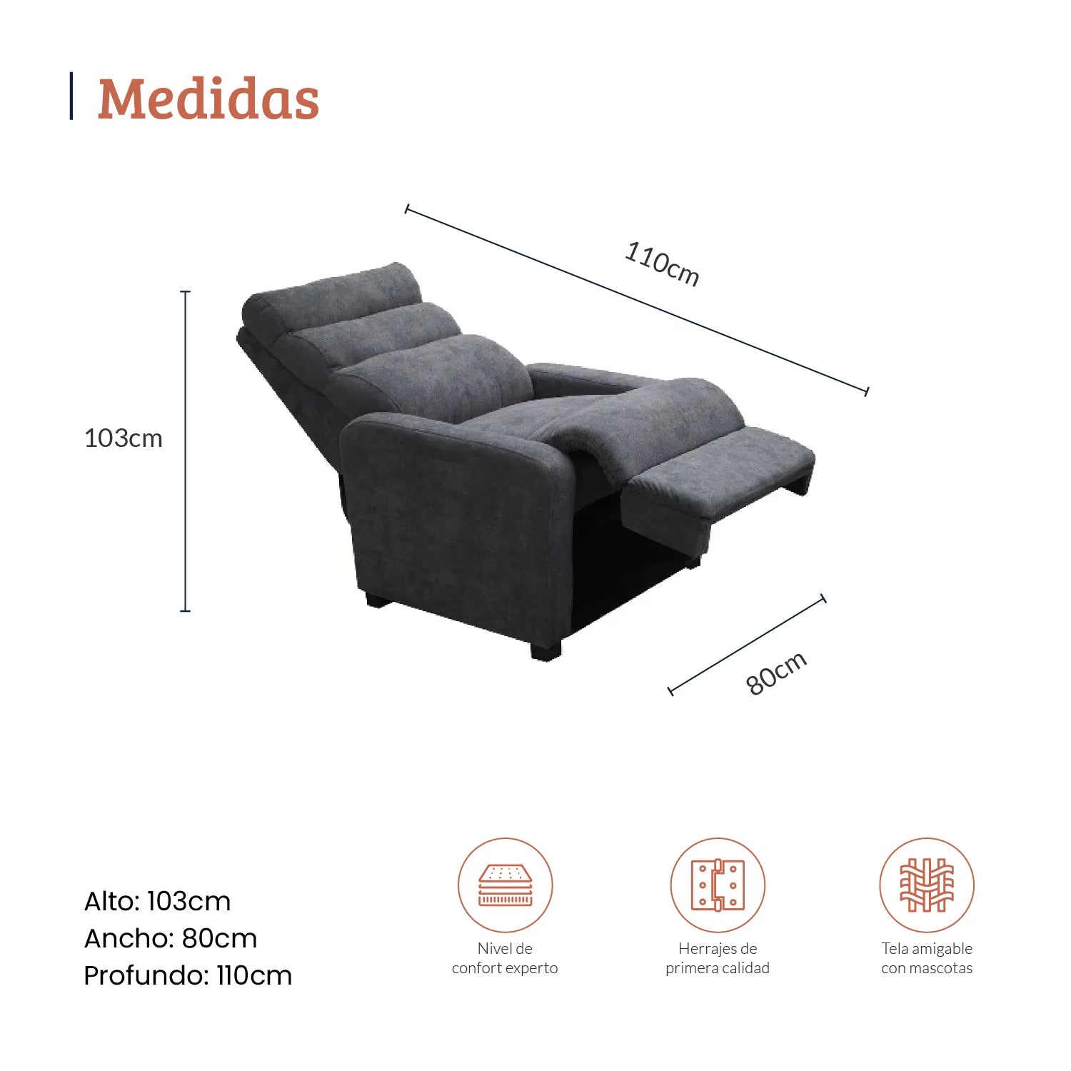 Diagrama con medidas de sillón reclinable Odín reclinado en tela gris, ideal para espacios residenciales, alto 103cm ancho 80cm profundo 110cm, nivel de confort experto, herrajes de primera calidad y tela amigable con mascotas - All Star muebles Colombia