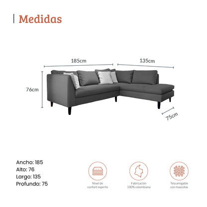 Diagrama con medidas de sala en L izquierda cuatro puestos, en tela gris, ideal para espacios residenciales, alto 76cm ancho sofá 185cm ancho chaise 135cm profundo 75cm, nivel de confort experto, fabricación 100% colombiana y tela amigable con mascotas - All Star muebles Colombia