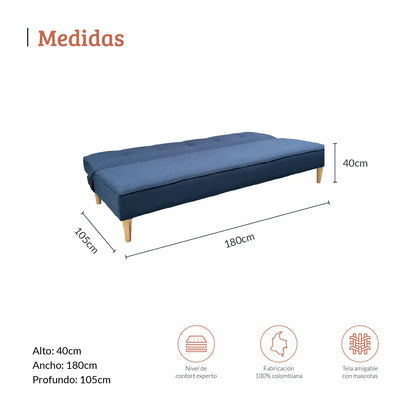 Diagrama con medidas de sofá cama abatible tres puestos en tela azul, ideal para salas y estudios, alto 40 ancho 180 y profundo 105 centímetros - All Star muebles Colombia