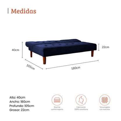 Diagrama con medidas de sofá cama abatible tres puestos en tela azul, ideal para salas y estudios, alto 40 ancho 180 y profundo 105 centímetros - All Star muebles Colombia