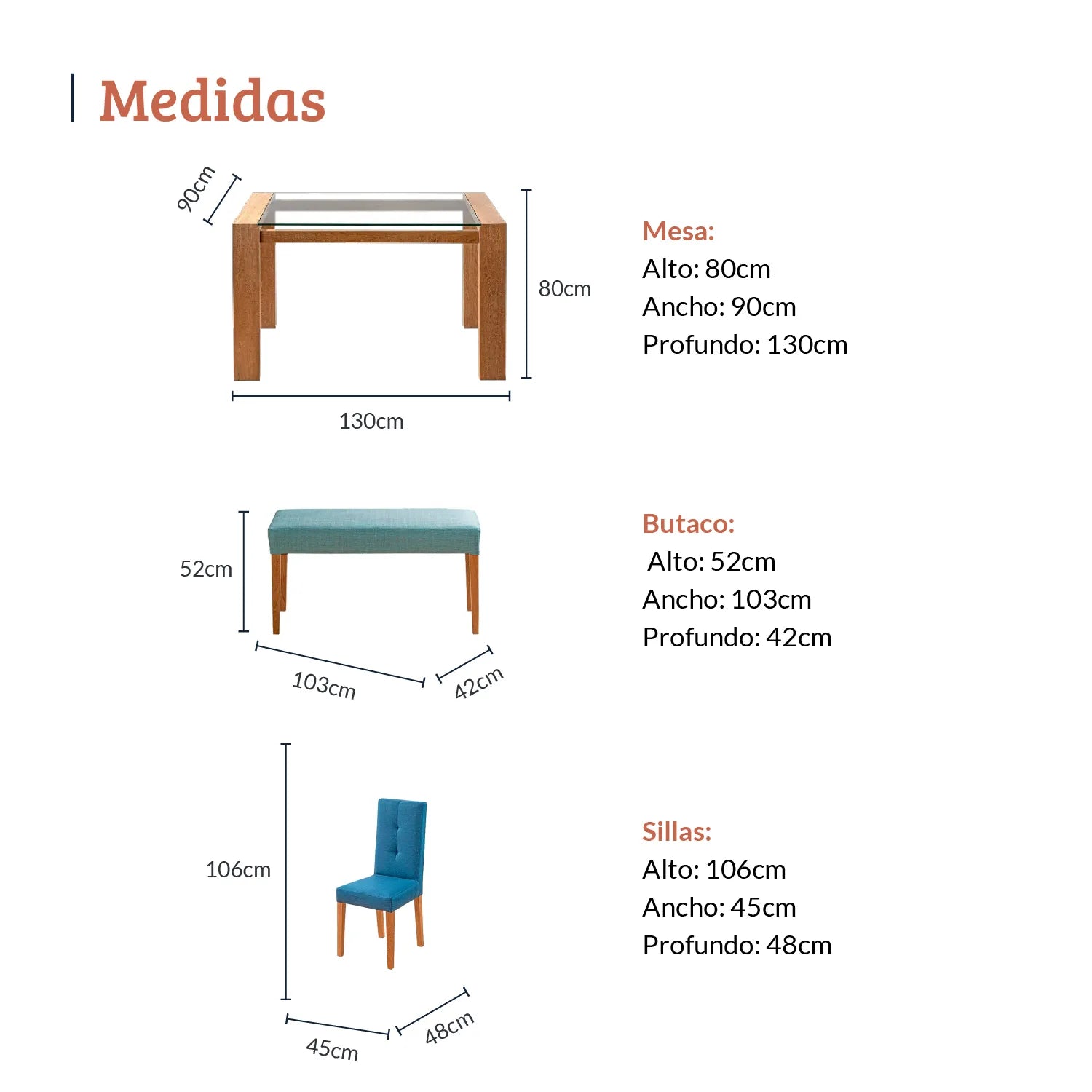 Diagrama con medidas de juego de comedor seis puestos, mesa en madera maciza, tela azul y turquesa, mesa 80 alto 90 ancho 130 profundo, sillas 106 alto 45 ancho 48 profundo y butaco 52 alto 103 ancho 42 profundo - All Star muebles Colombia