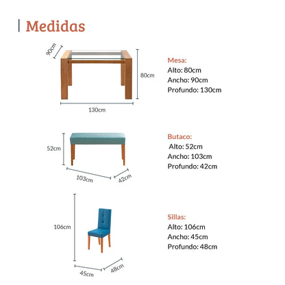 Diagrama con medidas de juego de comedor seis puestos, mesa en madera maciza, tela azul y turquesa, mesa 80 alto 90 ancho 130 profundo, sillas 106 alto 45 ancho 48 profundo y butaco 52 alto 103 ancho 42 profundo - All Star muebles Colombia