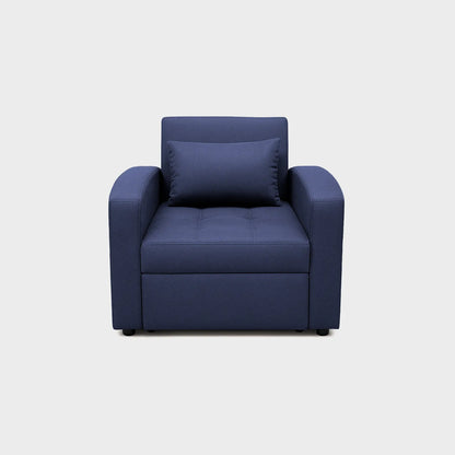 Poltrona cama California tipo carrito vista de frente, tapizado color azul, con patas metálicas, fotografía sobre fondo blanco, ideal para visualizar la combinación de estilos y colores - All Star muebles