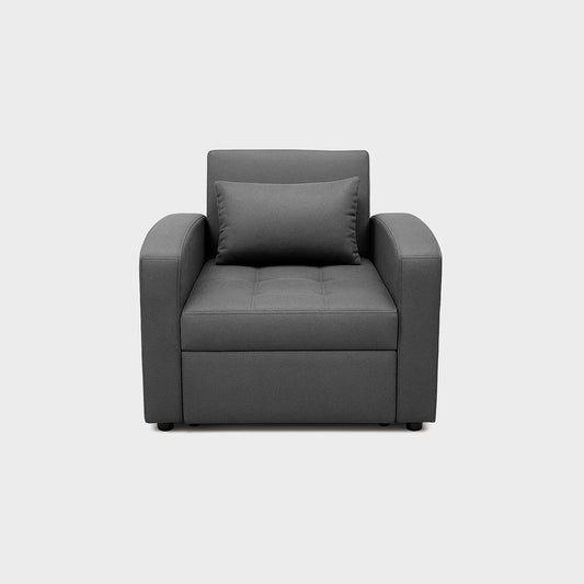 Poltrona cama California tipo carrito vista de frente, tapizado color gris, con patas metálicas, fotografía sobre fondo blanco, ideal para visualizar la combinación de estilos y colores - All Star muebles