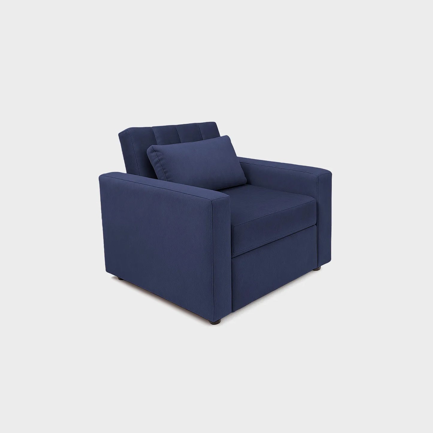 Poltrona cama Onix tipo carrito vista en perspectiva, tapizado color azul, con patas metálicas, fotografía sobre fondo blanco, ideal para visualizar la combinación de estilos y colores - All Star muebles