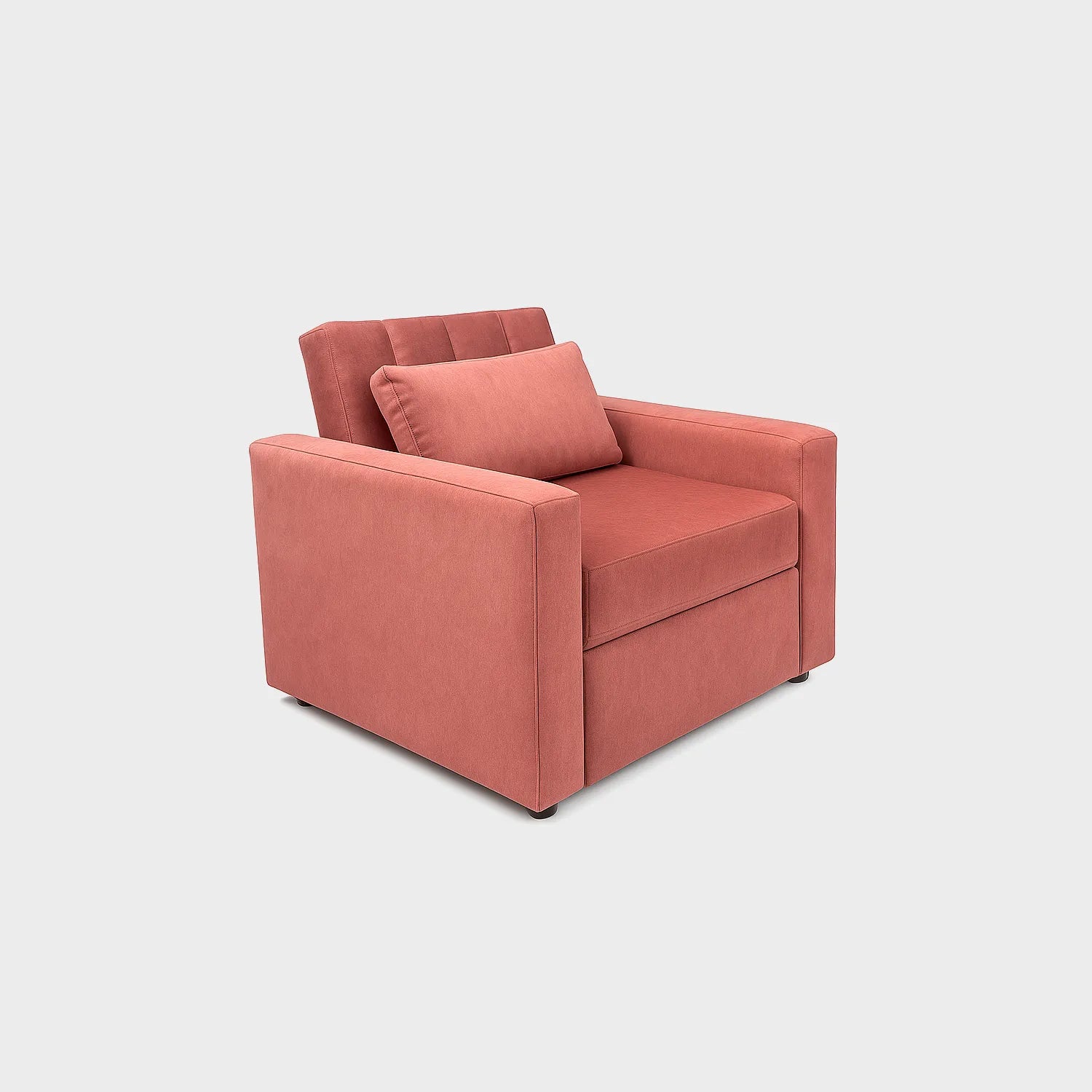 Poltrona cama tipo carrito vista en perspectiva, tapizado color guava, con patas metálicas, fotografía sobre fondo blanco, ideal para visualizar la combinación de estilos y colores - All Star muebles