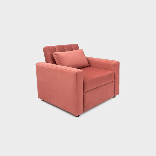 Poltrona cama tipo carrito vista en perspectiva, tapizado color guava, con patas metálicas, fotografía sobre fondo blanco, ideal para visualizar la combinación de estilos y colores - All Star muebles