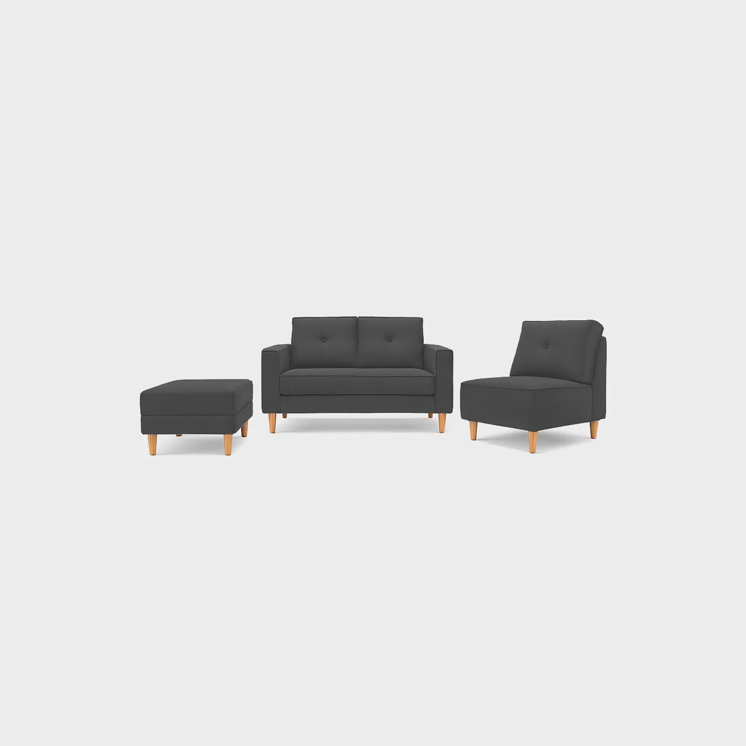 Sala modular multifuncional 4 puestos vista de frente, tapizado color gris, con patas en madera color natural, fotografía sobre fondo blanco, ideal para visualizar la combinación de estilos y colores - All Star muebles