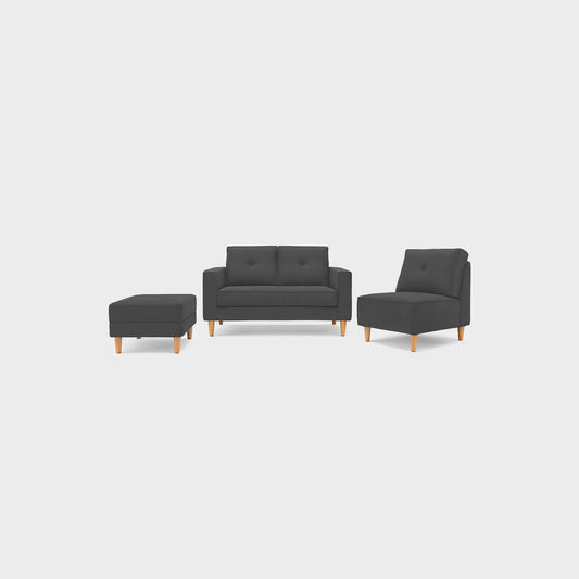 Sala modular multifuncional 4 puestos vista de frente, tapizado color gris, con patas en madera color natural, fotografía sobre fondo blanco, ideal para visualizar la combinación de estilos y colores - All Star muebles