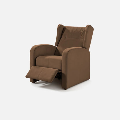 Sillón reclinable Apolo abierto visto de perspectiva, tapizado color café, con herraje y patas metálicas, fotografía sobre fondo blanco, ideal para visualizar la combinación de estilos y colores - All Star muebles