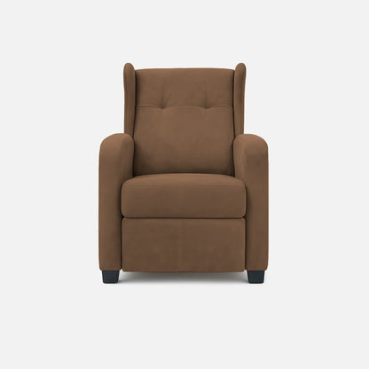 Sillón reclinable Apolo visto de frente, tapizado color café, con patas metálicas, fotografía sobre fondo blanco, ideal para visualizar la combinación de estilos y colores - All Star muebles