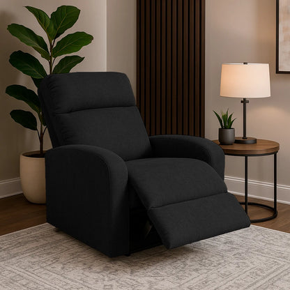 Sillón reclinable Logan abierto en tela negra con patas en plástico, ubicado en sala moderna minimalista, ambientado con mesa auxiliar, Ideal para hogares colombianos que buscan confort y estilo moderno - All Star muebles