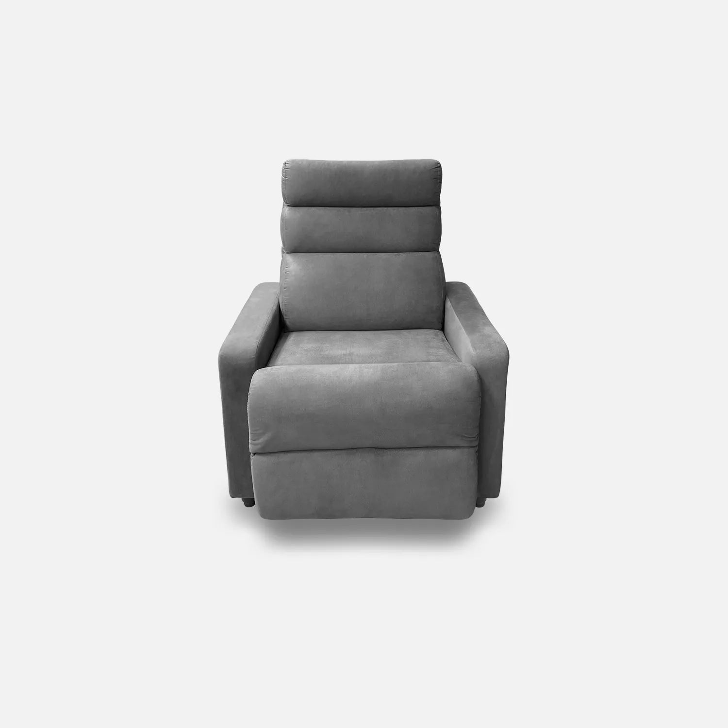 Sillón reclinable Odín visto de frente, tapizado color gris, con patas metálicas, fotografía sobre fondo blanco, ideal para visualizar la combinación de estilos y colores - All Star muebles