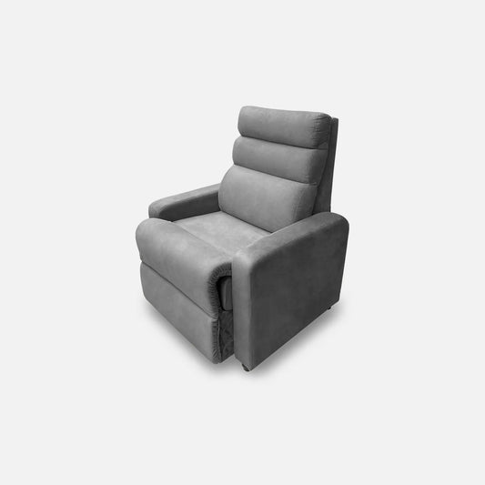 Sillón reclinable Odín visto en perspectiva, tapizado color gris, con patas metálicas, fotografía sobre fondo blanco, ideal para visualizar la combinación de estilos y colores - All Star muebles