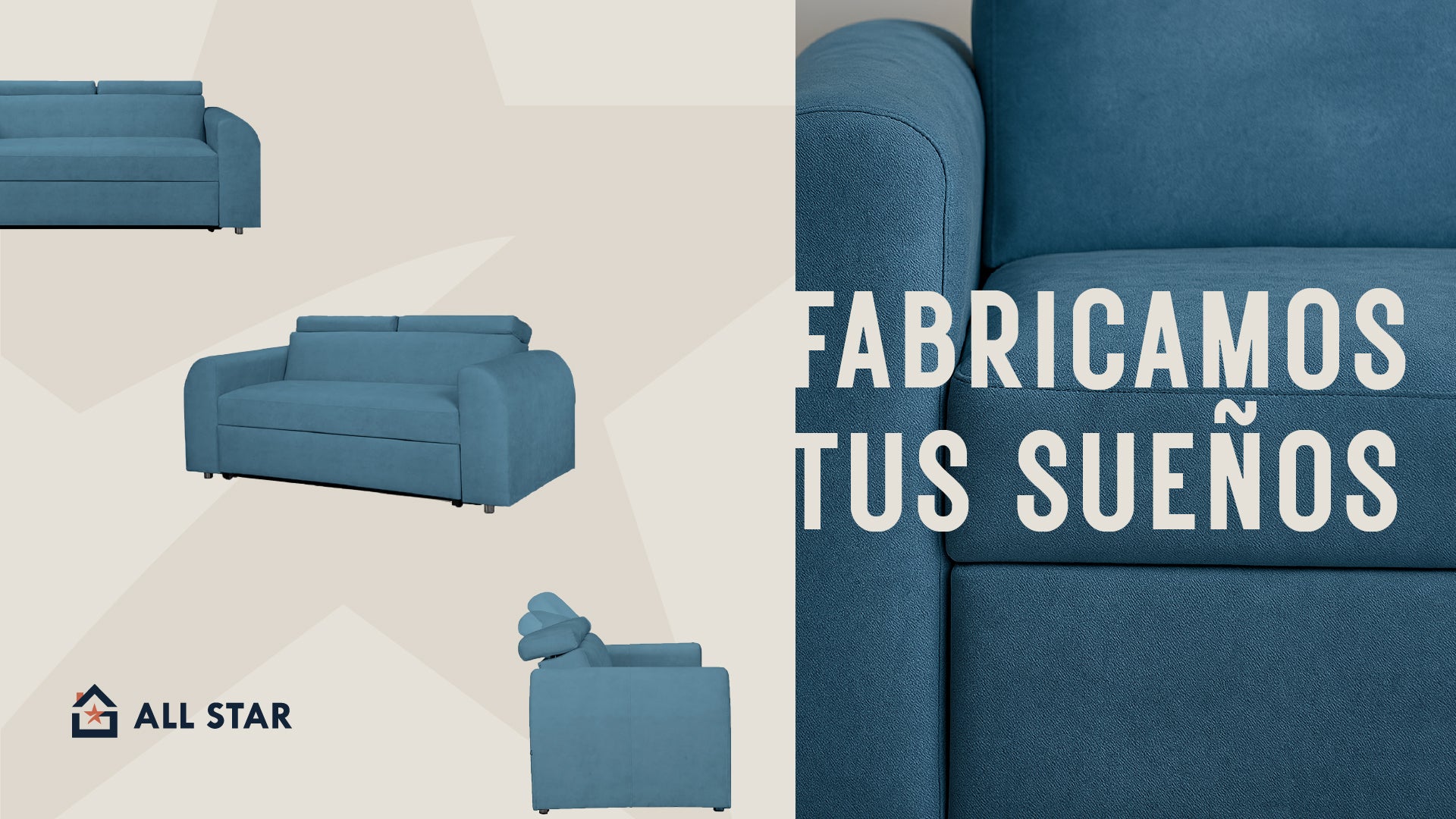 imagen tipo wallpaper con fotos de diferentes ángulos del sofá cama mar en color azul con promesa de valor, fabricamos tus sueños, all star Colombia muebles