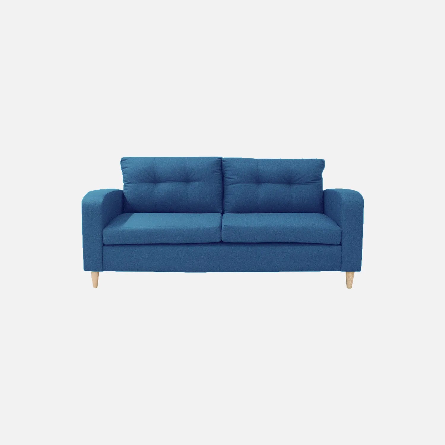 Sofá Brisa visto de frente en tela color azul con patas de madera clara y diseño moderno con tapizado capitoné, ideal para salas modernas - All Star Muebles Colombia