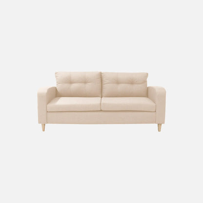 Sofá Brisa visto de frente en tela color beige con patas de madera clara y diseño moderno con tapizado capitoné, ideal para salas modernas - All Star Muebles Colombia