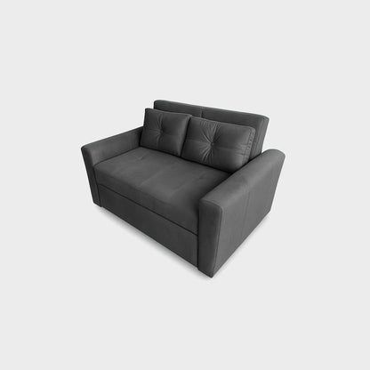 Sofá cama Bari tipo carrito visto de perspectiva, tapizado color gris, fotografía sobre fondo blanco, ideal para visualizar la combinación de estilos y colores - All Star muebles