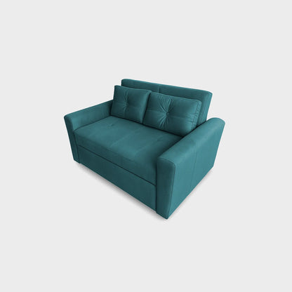 Sofá cama Bari tipo carrito visto de perspectiva, tapizado color turquesa, fotografía sobre fondo blanco, ideal para visualizar la combinación de estilos y colores - All Star muebles
