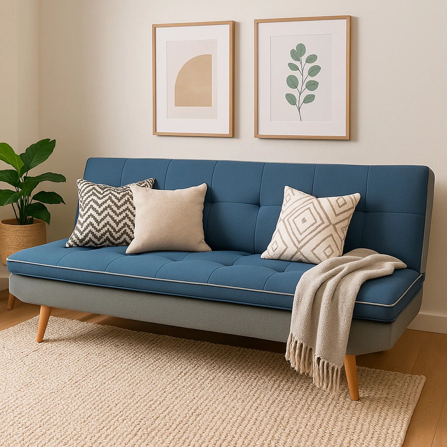 Sofá cama San Telmo tipo clic clac tapizado en color azul y gris, con patas en madera torneadas tono natural, ubicado en sala moderna minimalista, ambientado con elementos decorativos, Ideal para hogares colombianos que buscan confort y estilo moderno - All Star muebles
