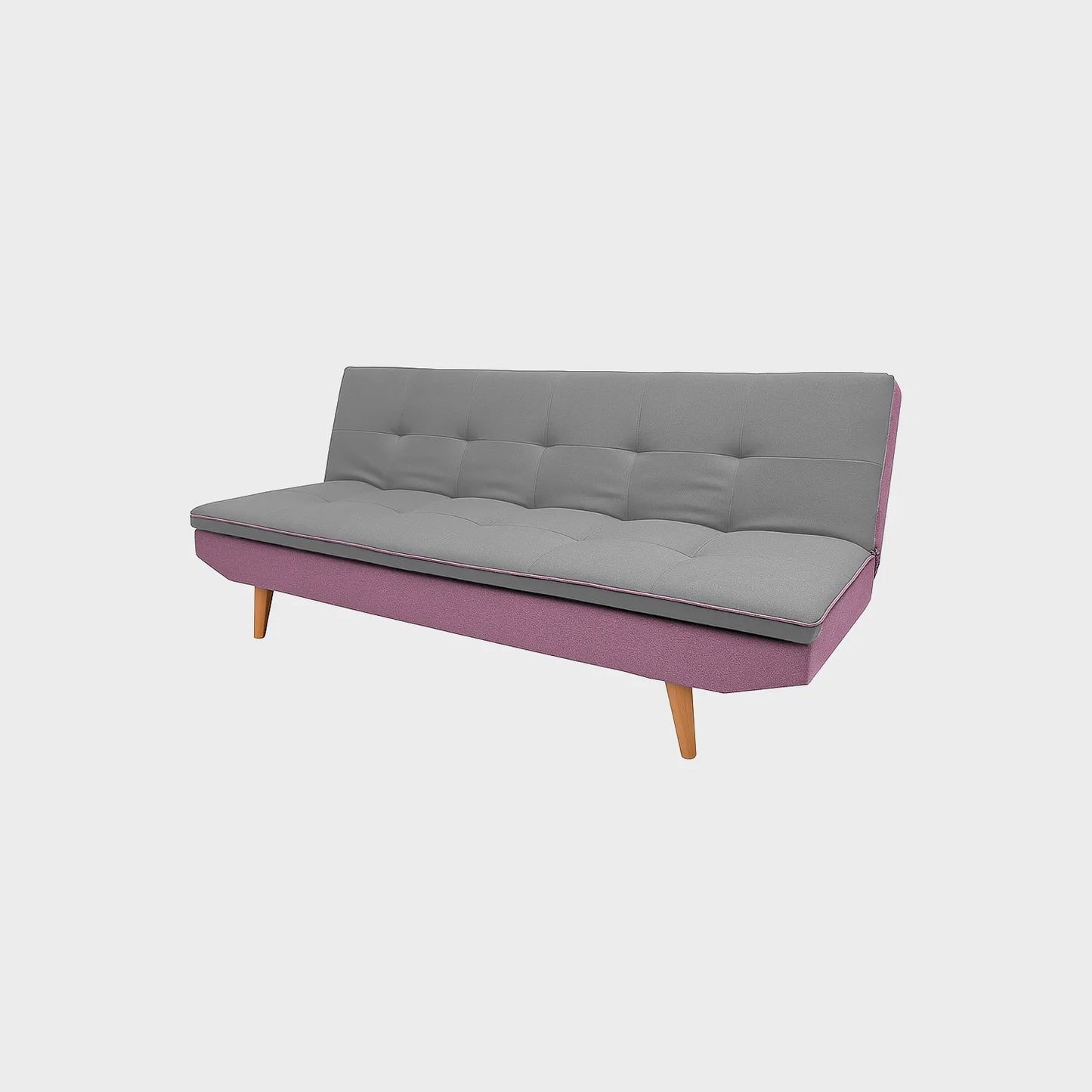 Sofá cama San Telmo tipo clic clac visto en perspectiva, tapizado color rosa y gris, con patas en madera torneada tono natural, fotografía sobre fondo blanco, ideal para visualizar la combinación de estilos y colores - All Star muebles