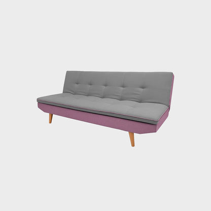 Sofá cama San Telmo tipo clic clac visto en perspectiva, tapizado color rosa y gris, con patas en madera torneada tono natural, fotografía sobre fondo blanco, ideal para visualizar la combinación de estilos y colores - All Star muebles