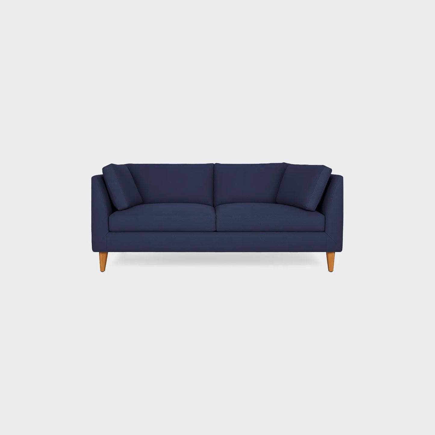 Sofá Gales dos puestos visto de frente, tapizado color azul, con patas en madera torneada tono natural, fotografía sobre fondo blanco, ideal para visualizar la combinación de estilos y colores - All Star muebles