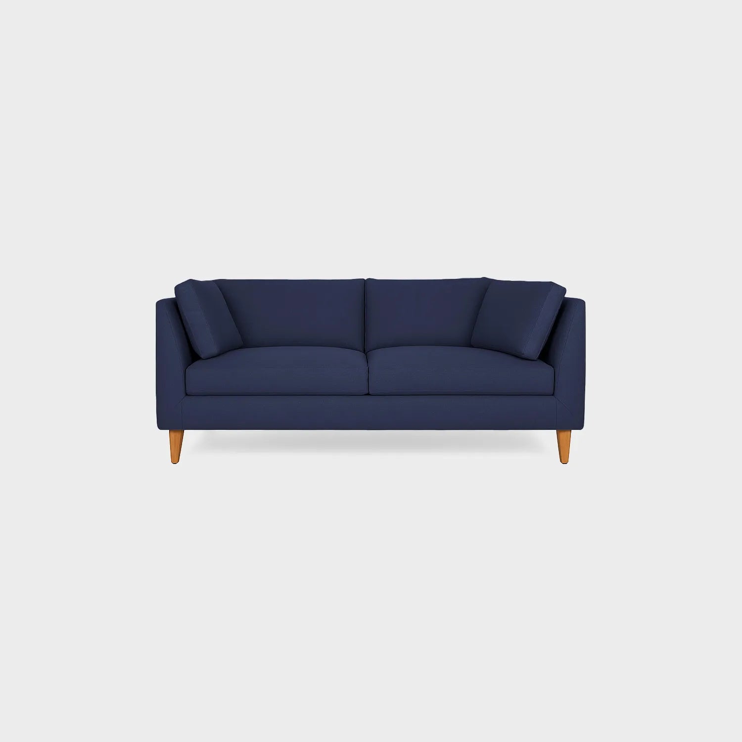 Sofá Gales dos puestos visto de frente, tapizado color azul, con patas en madera torneada tono natural, fotografía sobre fondo blanco, ideal para visualizar la combinación de estilos y colores - All Star muebles