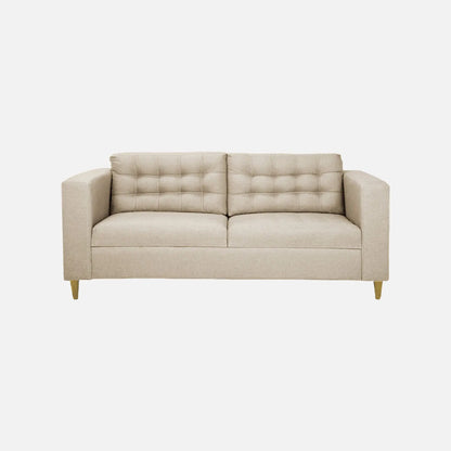 Sofá Honey visto en vista frontal en tela beige con patas de madera clara y tapizado con capitoné, ideal para salas y habitaciones - All Star Muebles