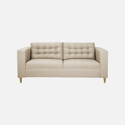 Sofá Honey visto en vista frontal en tela beige con patas de madera clara y tapizado con capitoné, ideal para salas y habitaciones - All Star Muebles