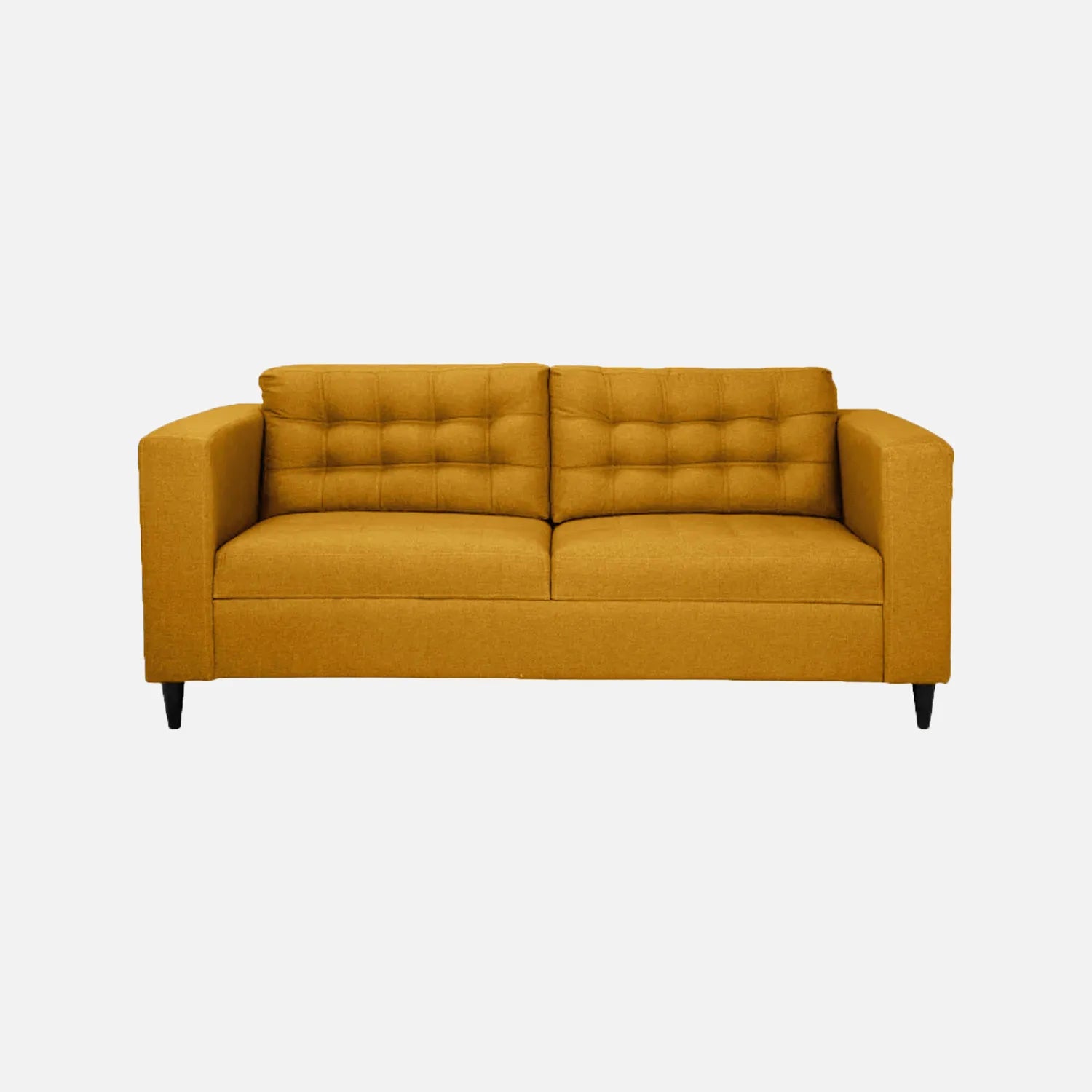 Sofá Honey visto en vista frontal en tela mostaza con patas de madera color negro y tapizado con capitoné, ideal para salas y habitaciones - All Star Muebles