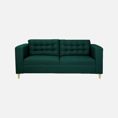 Sofá Honey visto en vista frontal en tela color verde con patas de madera clara y tapizado con capitoné, ideal para salas y habitaciones - All Star Muebles