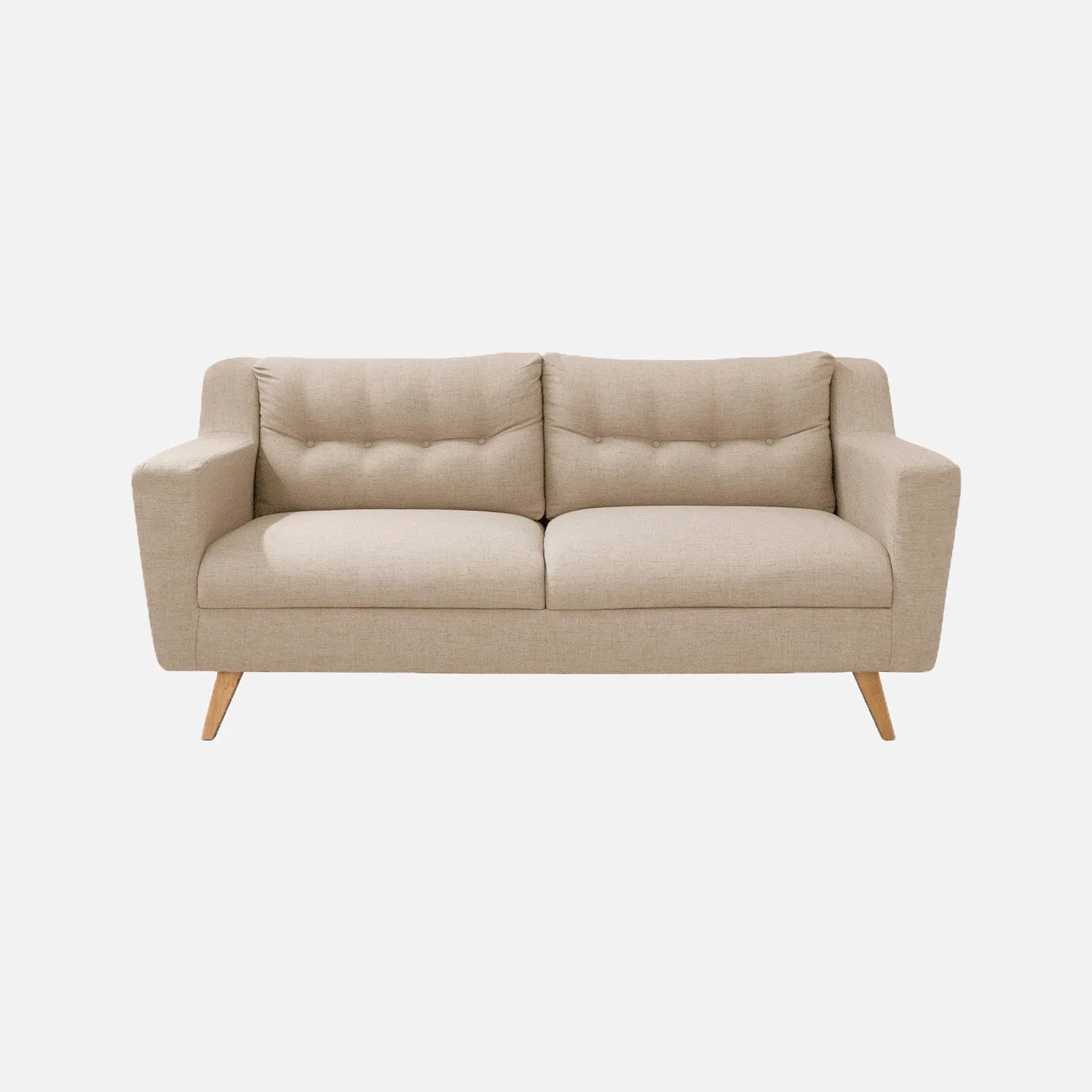 Sofá Loto visto de frente, tapizado en tela beige y patas en madera tono natural, ideal para casas y apartamentos - All Star Muebles Colombia