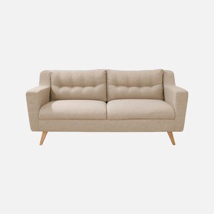 Sofá Loto visto de frente, tapizado en tela beige y patas en madera tono natural, ideal para casas y apartamentos - All Star Muebles Colombia