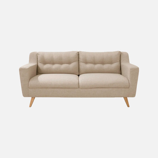 Sofá Loto visto de frente, tapizado en tela beige y patas en madera tono natural, ideal para casas y apartamentos - All Star Muebles Colombia
