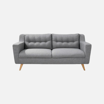 Sofá Loto visto de frente, tapizado en tela gris y patas en madera tono natural, ideal para casas y apartamentos - All Star Muebles Colombia
